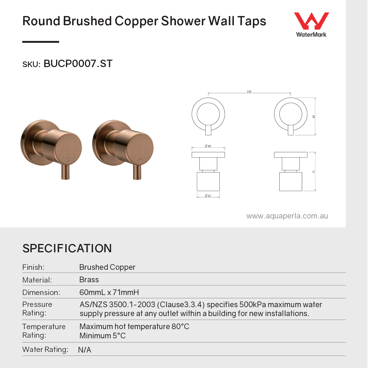 Brass Circle Wall Taps One Pair - Brushed Copper