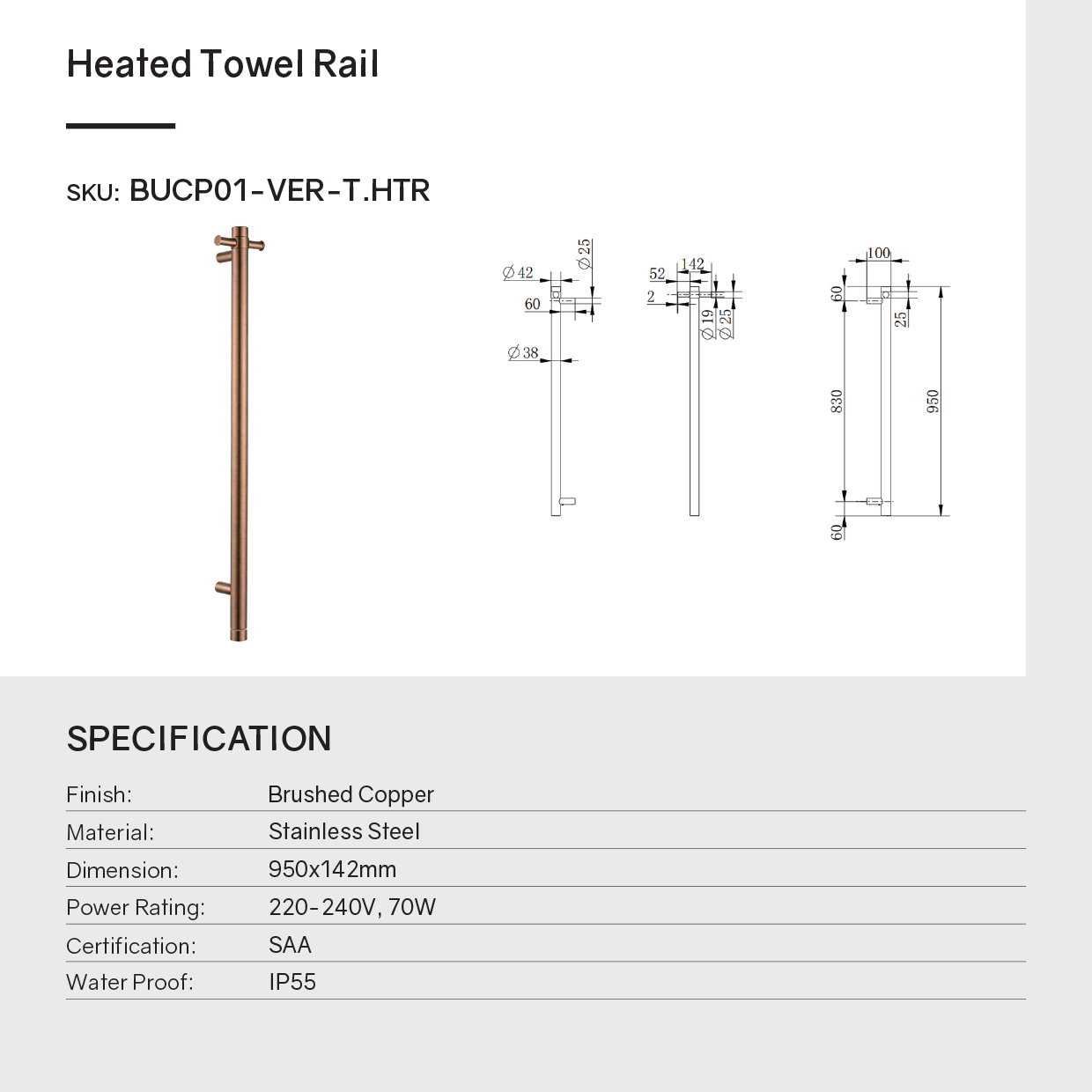 Stainless Steel Electric Heated Towel Rack Single Bar Vertical with Timer - Brushed Copper