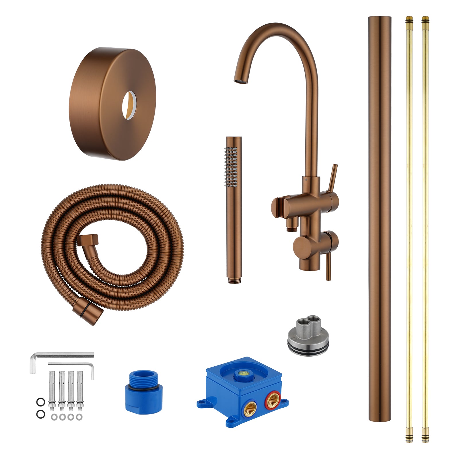Solid Brass Freestanding Handheld Shower Head & Swivel Spout Tap - Brushed Copper
