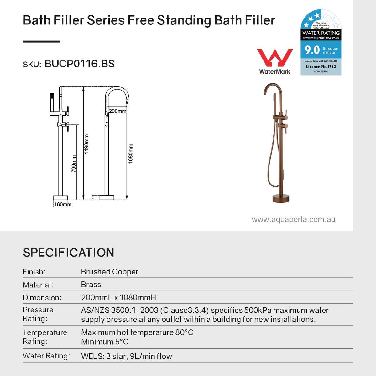 Brushed copper freestanding bath tap with handheld shower – dimensions