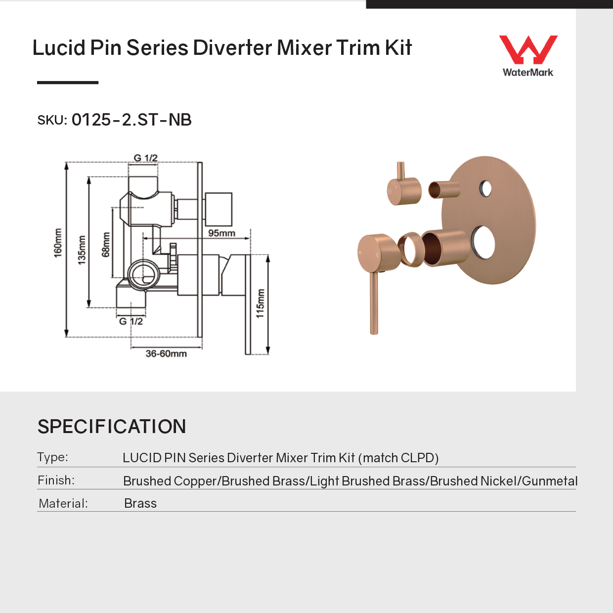 Solid Brass Wall Mixer Tap with Diverter Trim Kit (Match CLPD) - Brushed Nickel | LUCID PIN