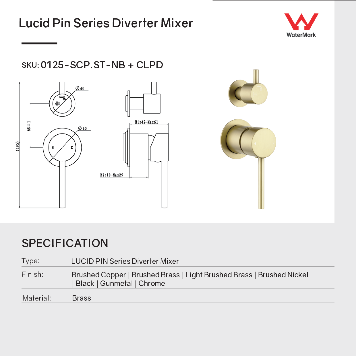 LUCID PIN Wall Diverter Mixer with Separate Cover Plate - Black