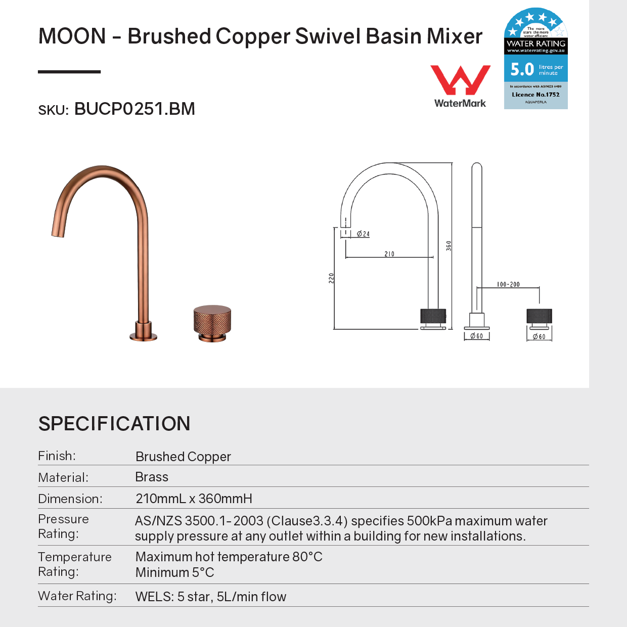 MOON  Solid Brass Swivel Basin Mixer - Brushed Copper