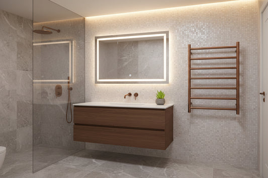 a copper finished heated towel rail in a modern bathroom