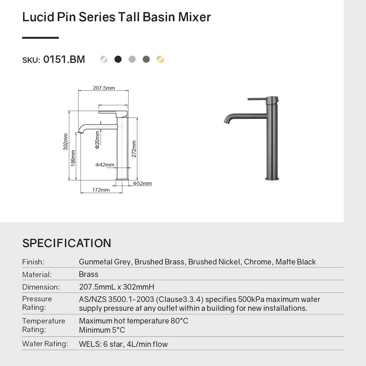 Solid Brass Tall Basin Mixer - Brushed Brass Gold - LUCID PIN
