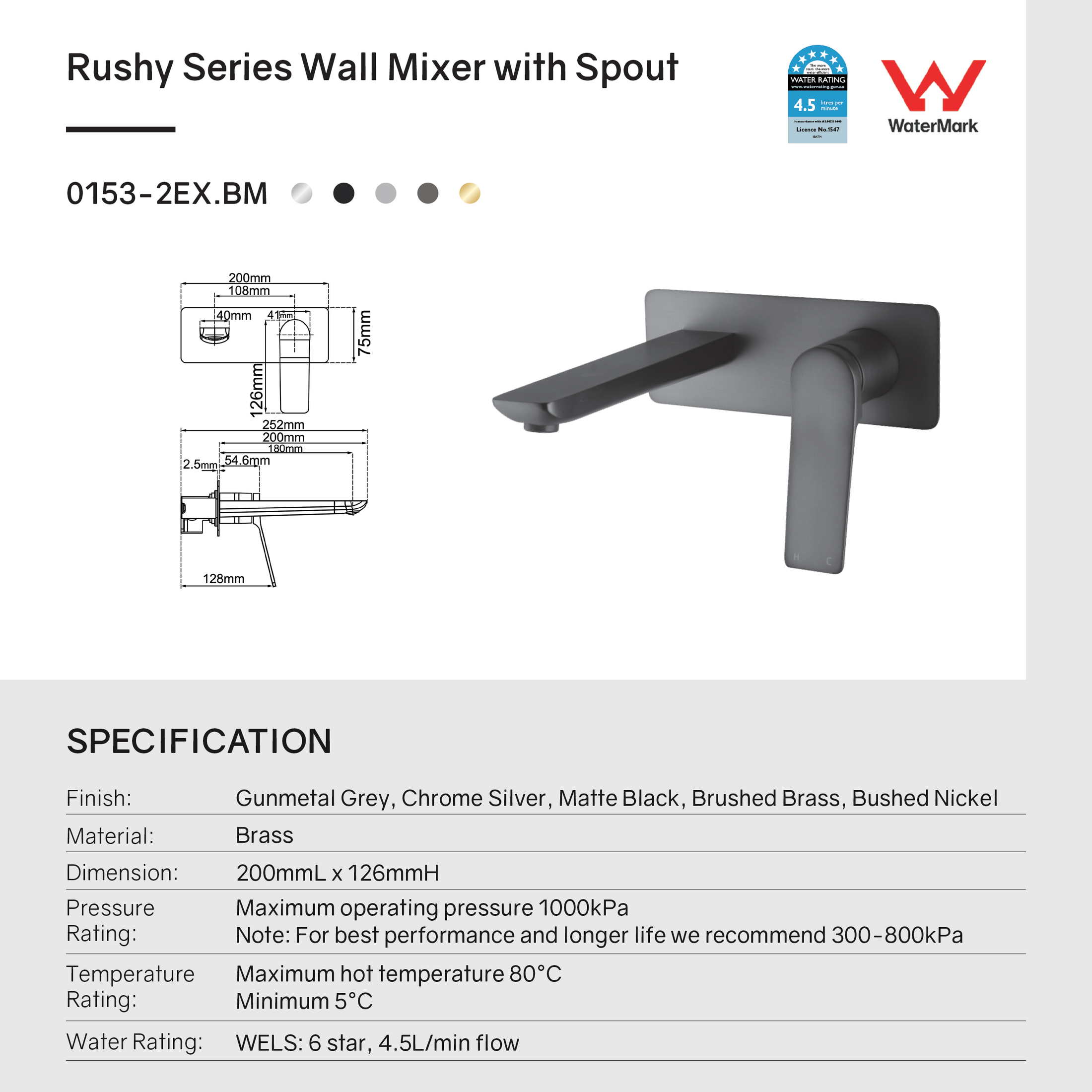 Solid Brass Spout Mixer - Brushed Nickel Silver - RUSHY