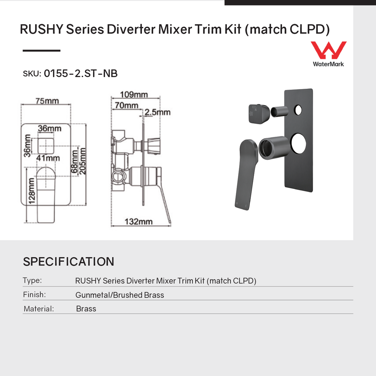 Solid Brass Wall Mixer Tap with Diverter Trim Kit (Match CLPD) - Brushed Brass | RUSHY
