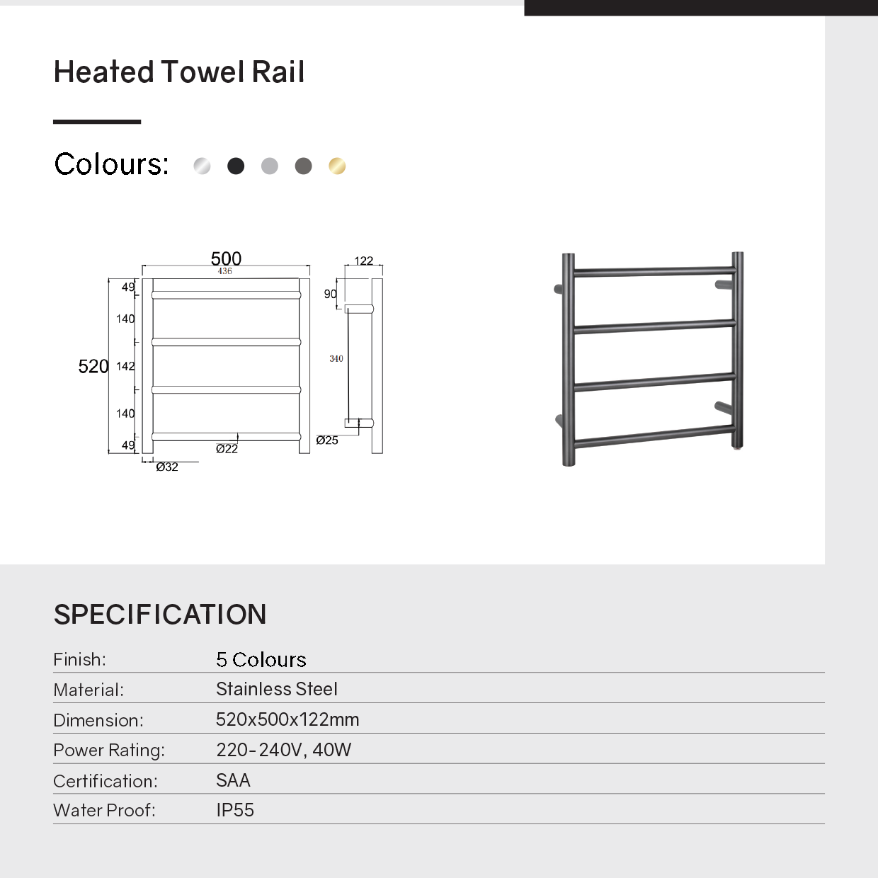 Stainless Steel Heated Towel Rack 4 Bars Round - Brushed Brass Gold