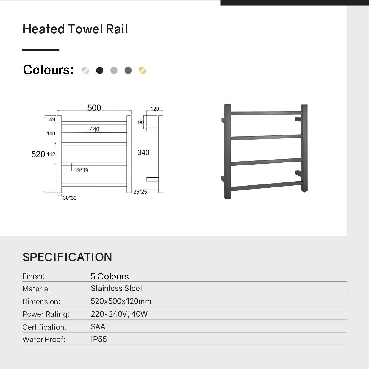Stainless Steel Heated Towel Rack 4 Bars Square - Brushed Brass Gold