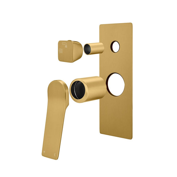 Solid Brass Wall Mixer Tap with Diverter Trim Kit (Match CLPD) - Brushed Brass | RUSHY