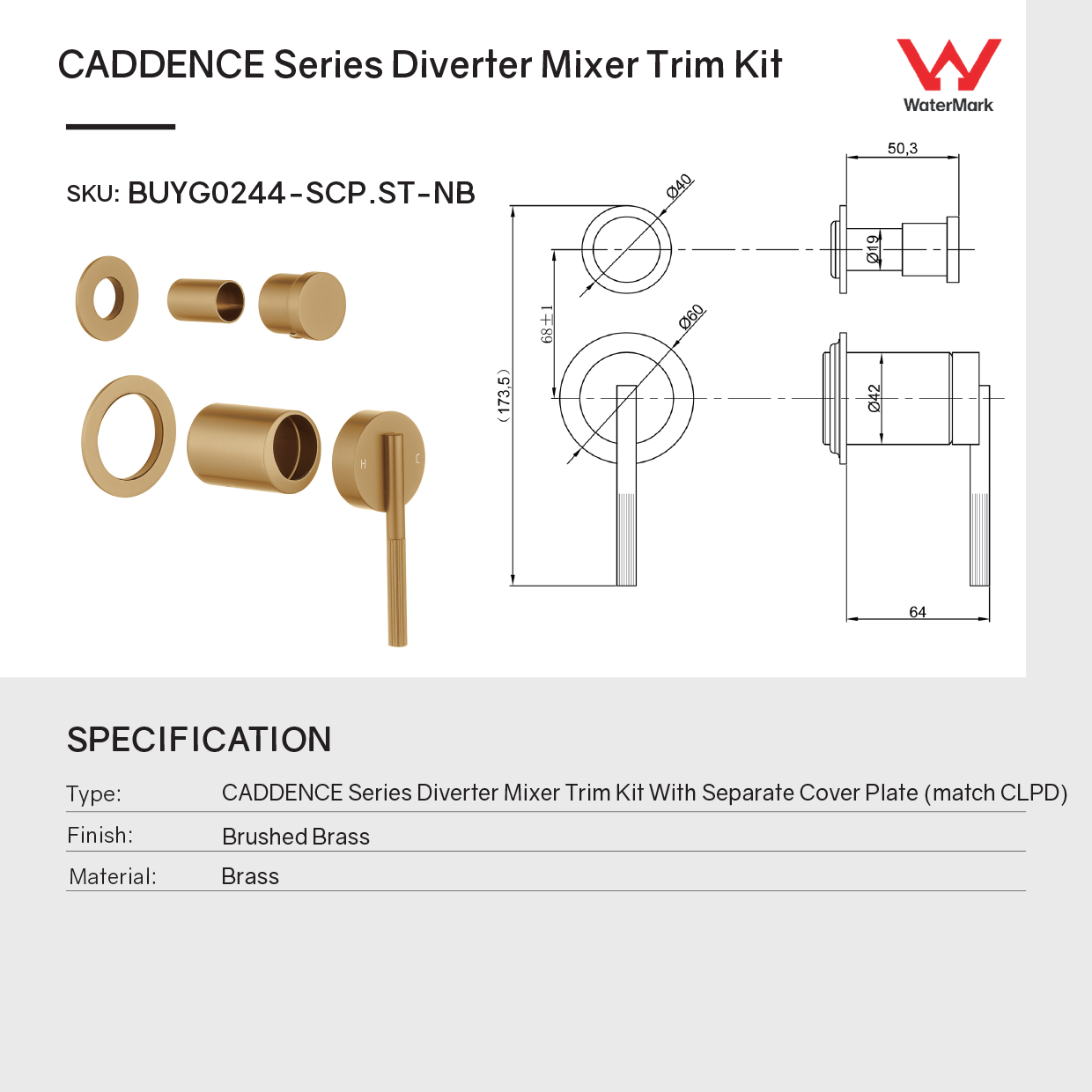 CADDENCE Solid Brass Wall Mixer Tap with Diverter (no Backplate) - Brushed Brass Gold