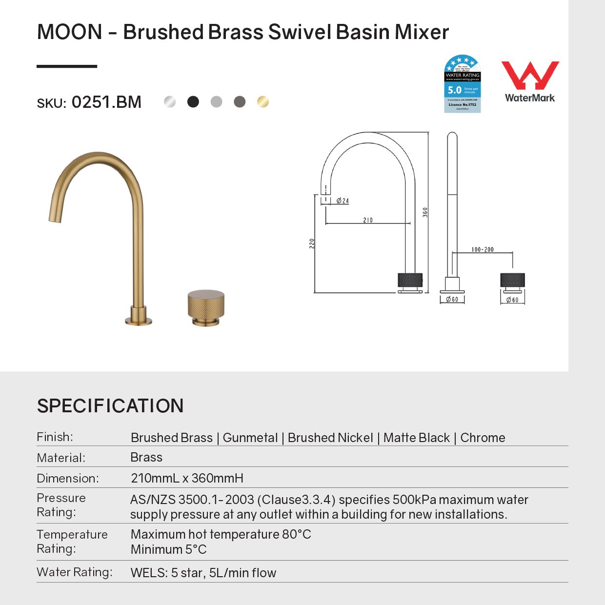 Solid Brass Swivel Basin Mixer - Matte Black - MOON