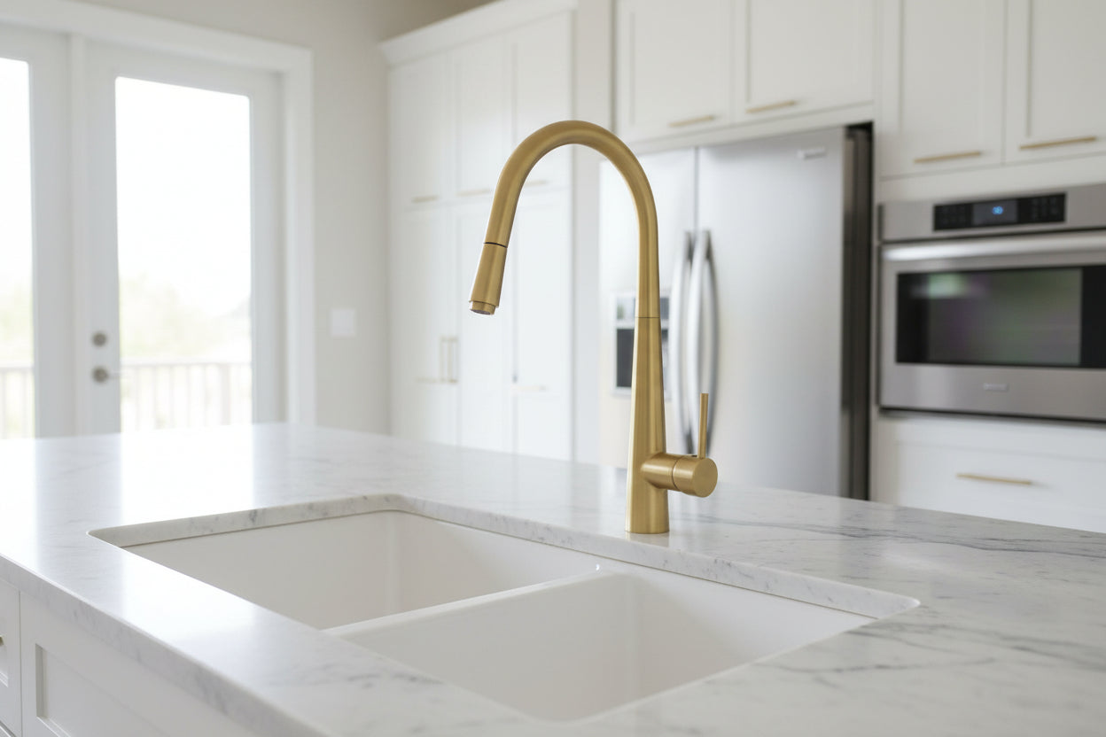 Solid Brass Pull Out Kitchen Mixer - Brushed Brass Gold