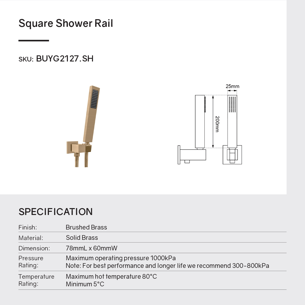 Fixed Square Shower Rail with Handheld Shower Head - Stainless Steel & Solid Brass - Brushed Brass Gold