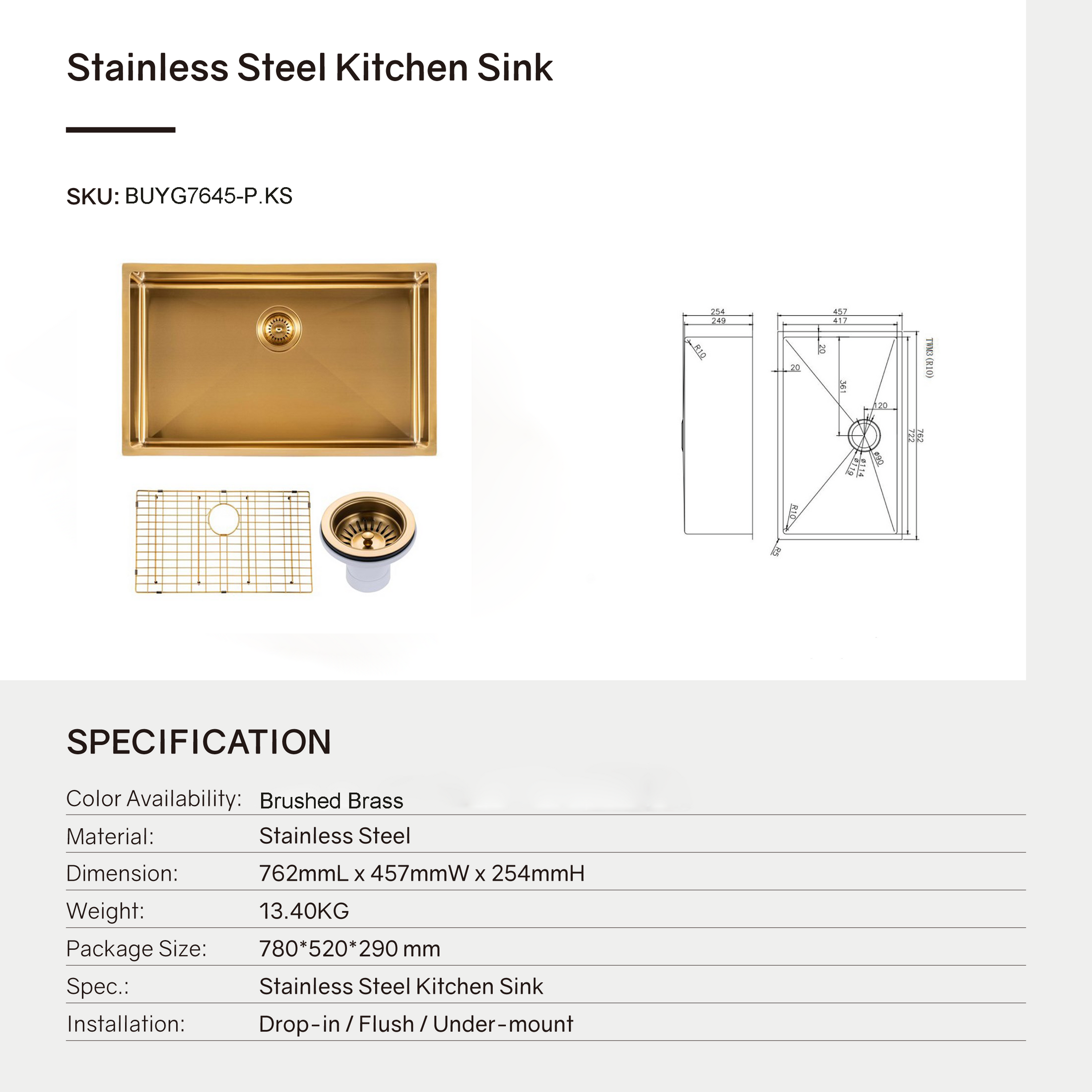 Stainless Steel Single Bowl Kitchen Sink 762 × 457mm - Brushed Brass
