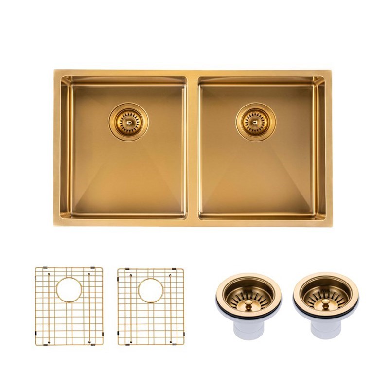 Stainless Steel 770x450x215mm Double Bowl Kitchen Sink - Brushed Brass