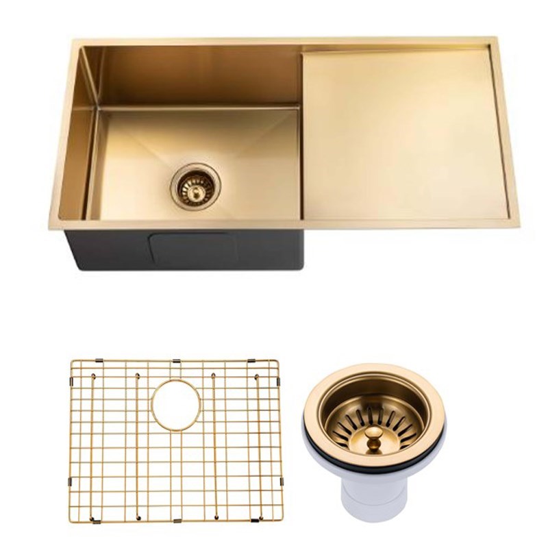 Stainless Steel PVD Single Bowl Kitchen Sink with Drain Board 960*450*230mm- Brushed Brass