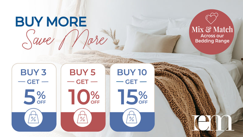 Bellemosa bedding multibuy offer: buy 3 and get 5% off, buy 5 and get 10% off, or buy 10 and get 15% off.