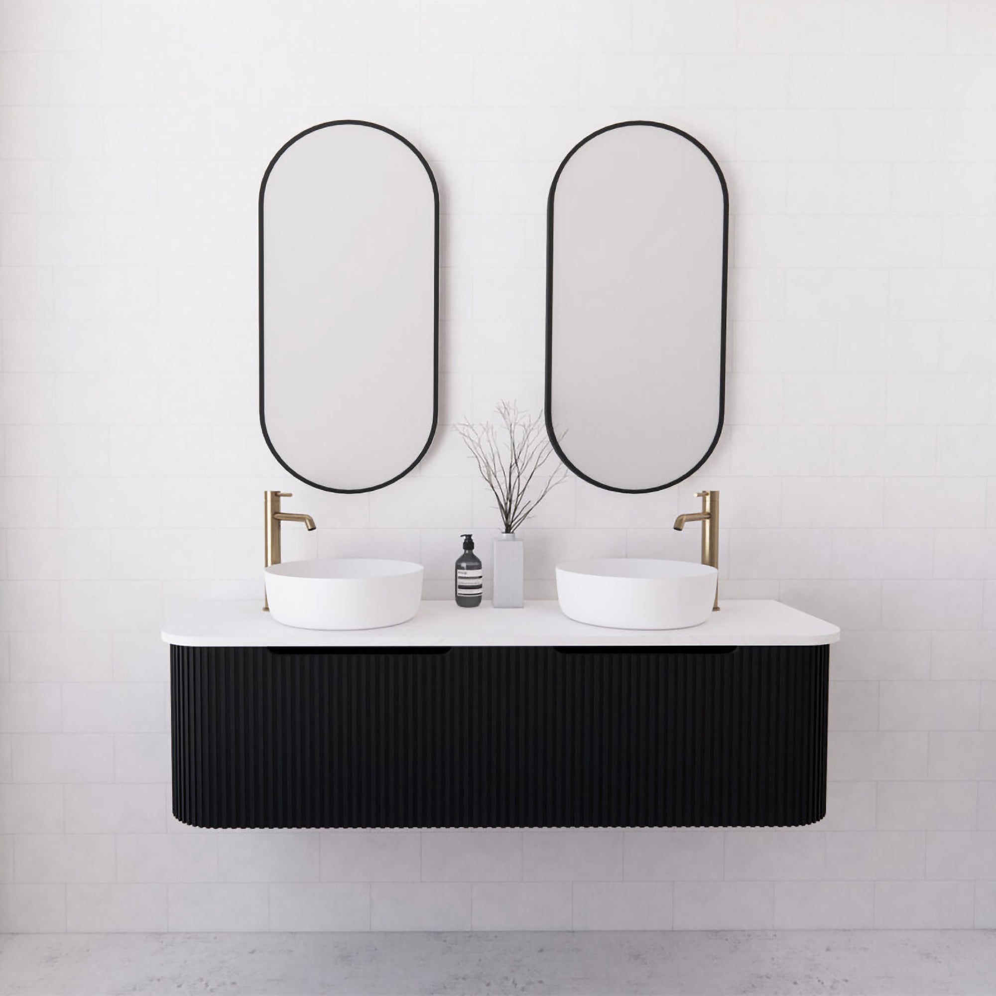 Bergen 1500mm Wall Hung Fluted Vanity Cabinet Double Bowl - Matte Black