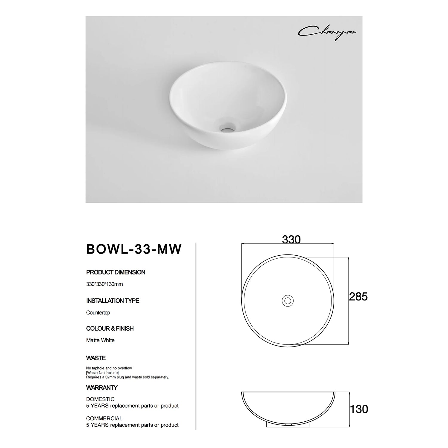 CLAYA Bowl-33 Ceramic Above Counter Basin – 330mm Round Matte White