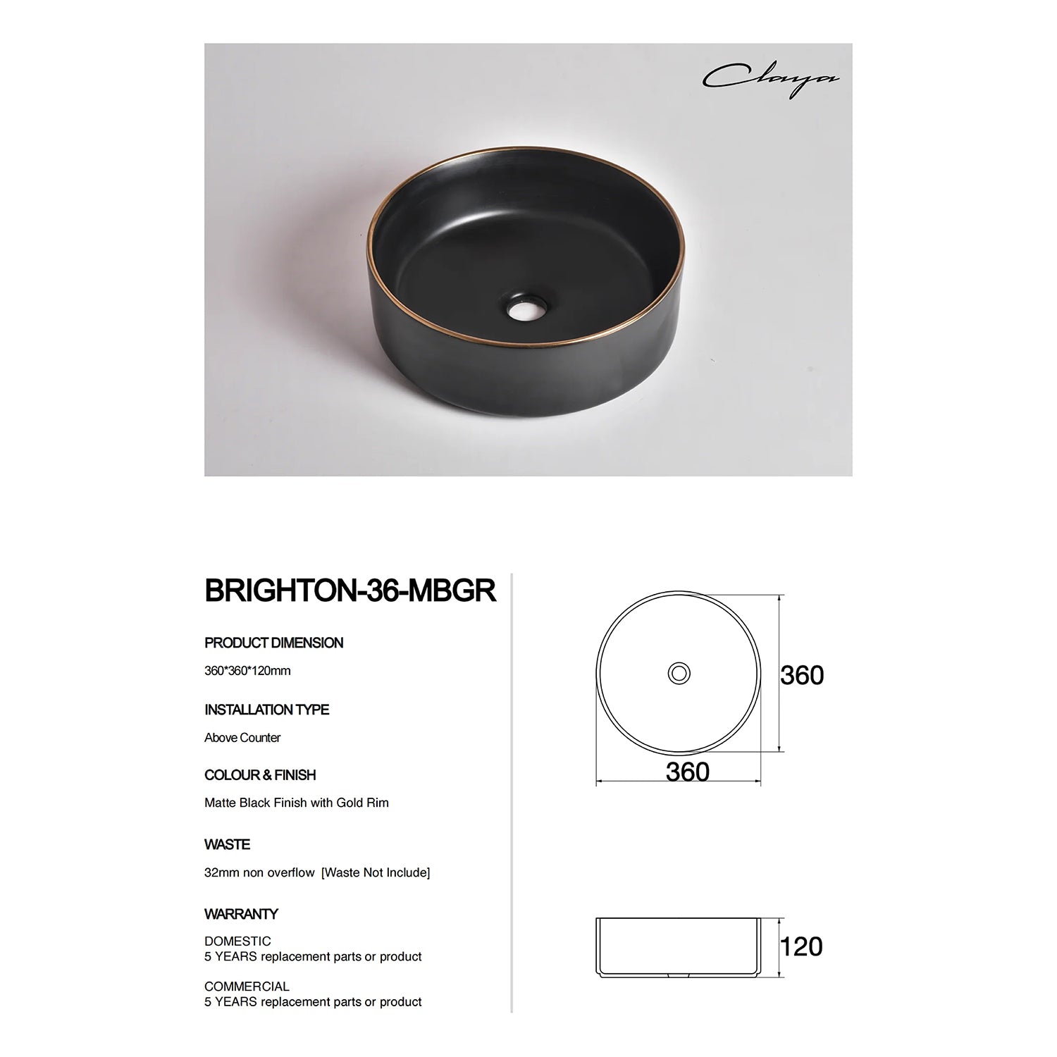 CLAYA Brighton-36 360mm Ceramic Round Basin – Matte Black with Gold Rim
