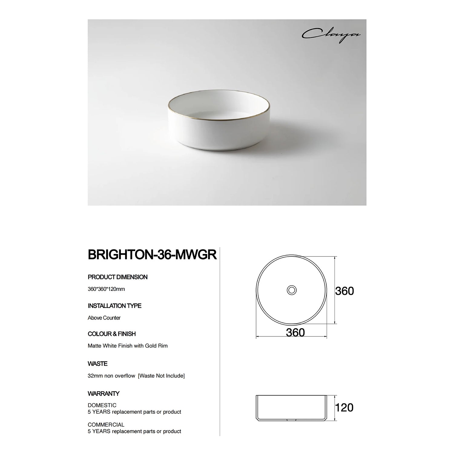 CLAYA Brighton-36 360mm Ceramic Round Basin – Matte White with Gold Rim