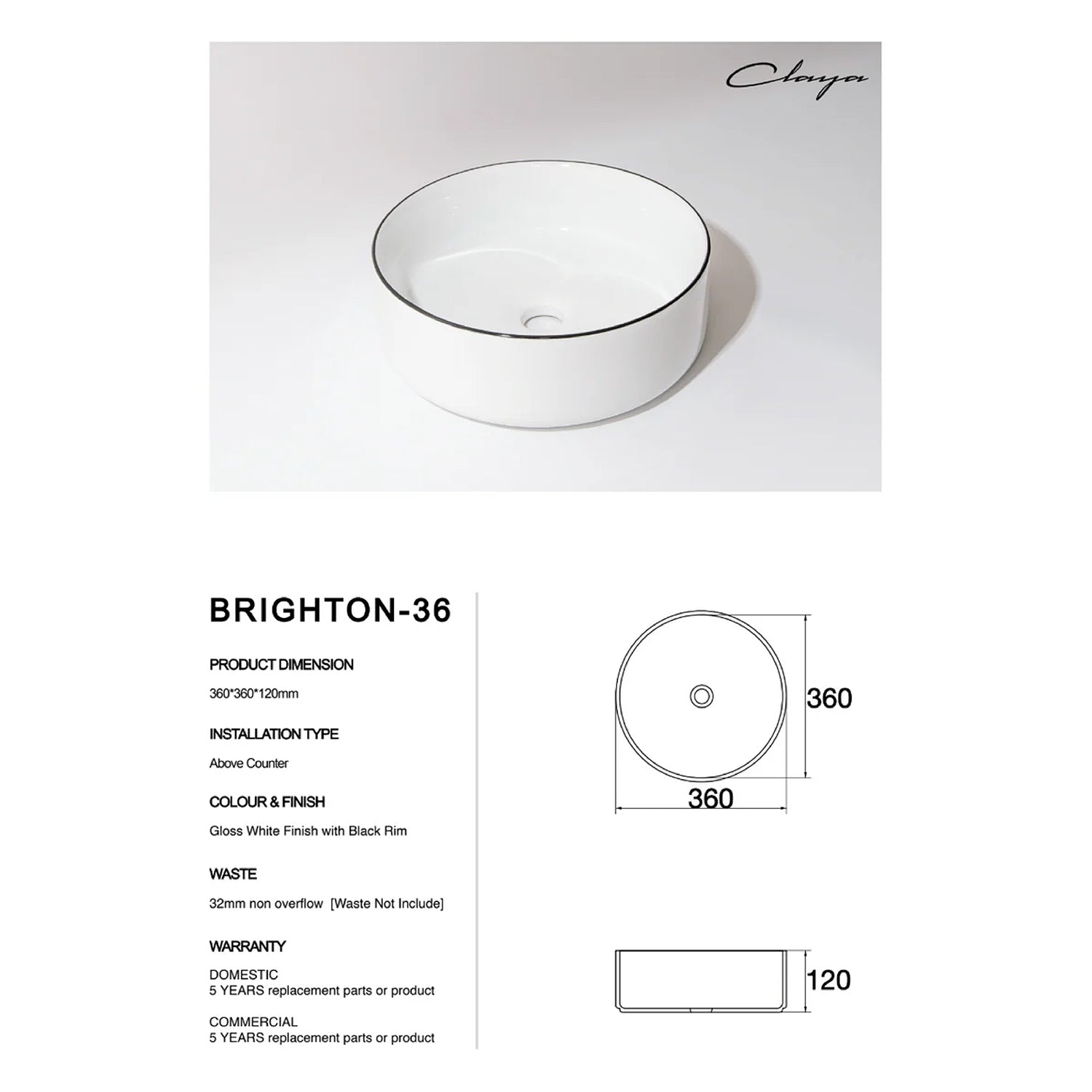 CLAYA Brighton-36 360mm Ceramic Round Basin – Gloss White with Black Rim