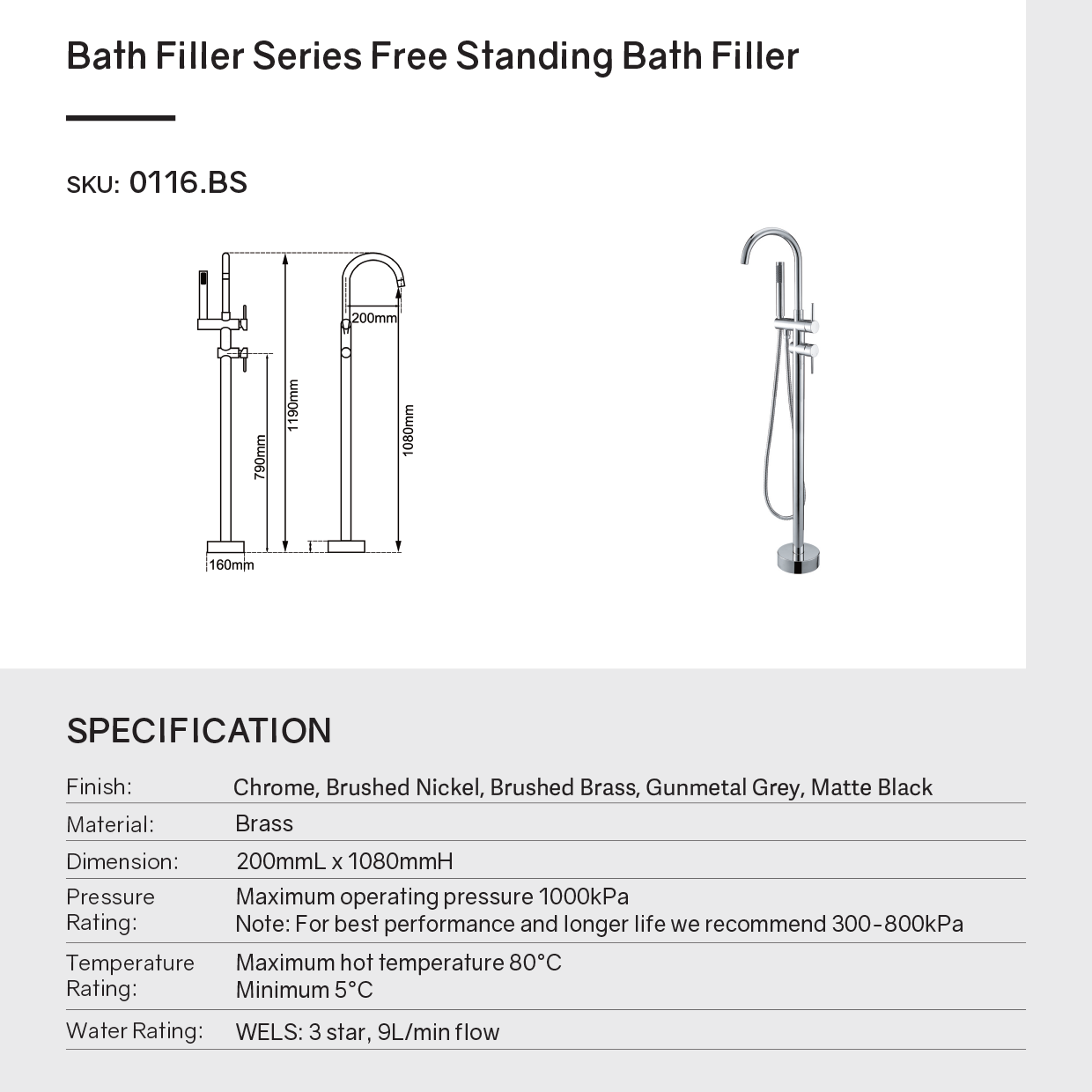 Solid Brass Freestanding Handheld Shower Head & Swivel Spout Tap - Black