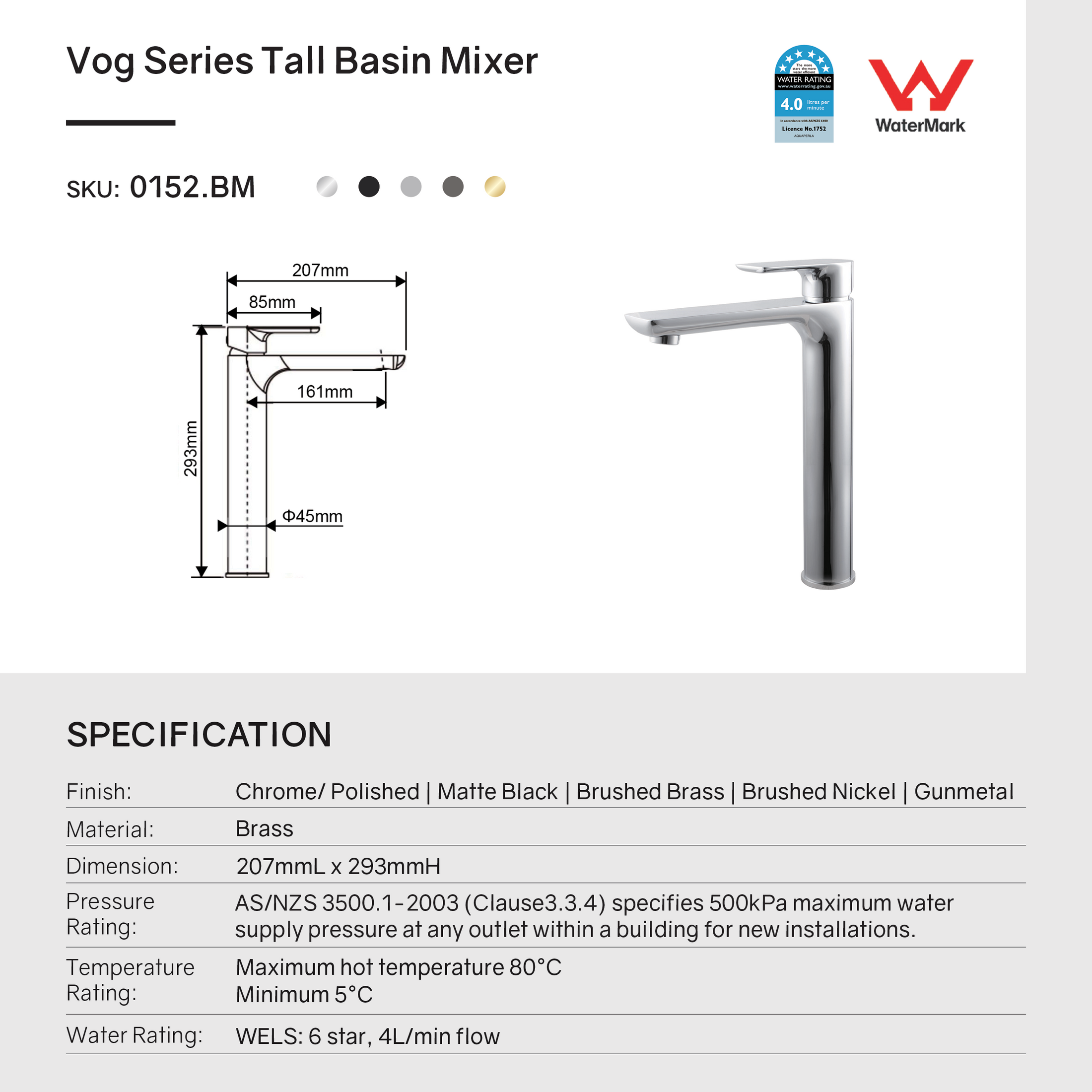 Solid Brass Tall Basin Mixer - Gunmetal Dark Grey - VOG