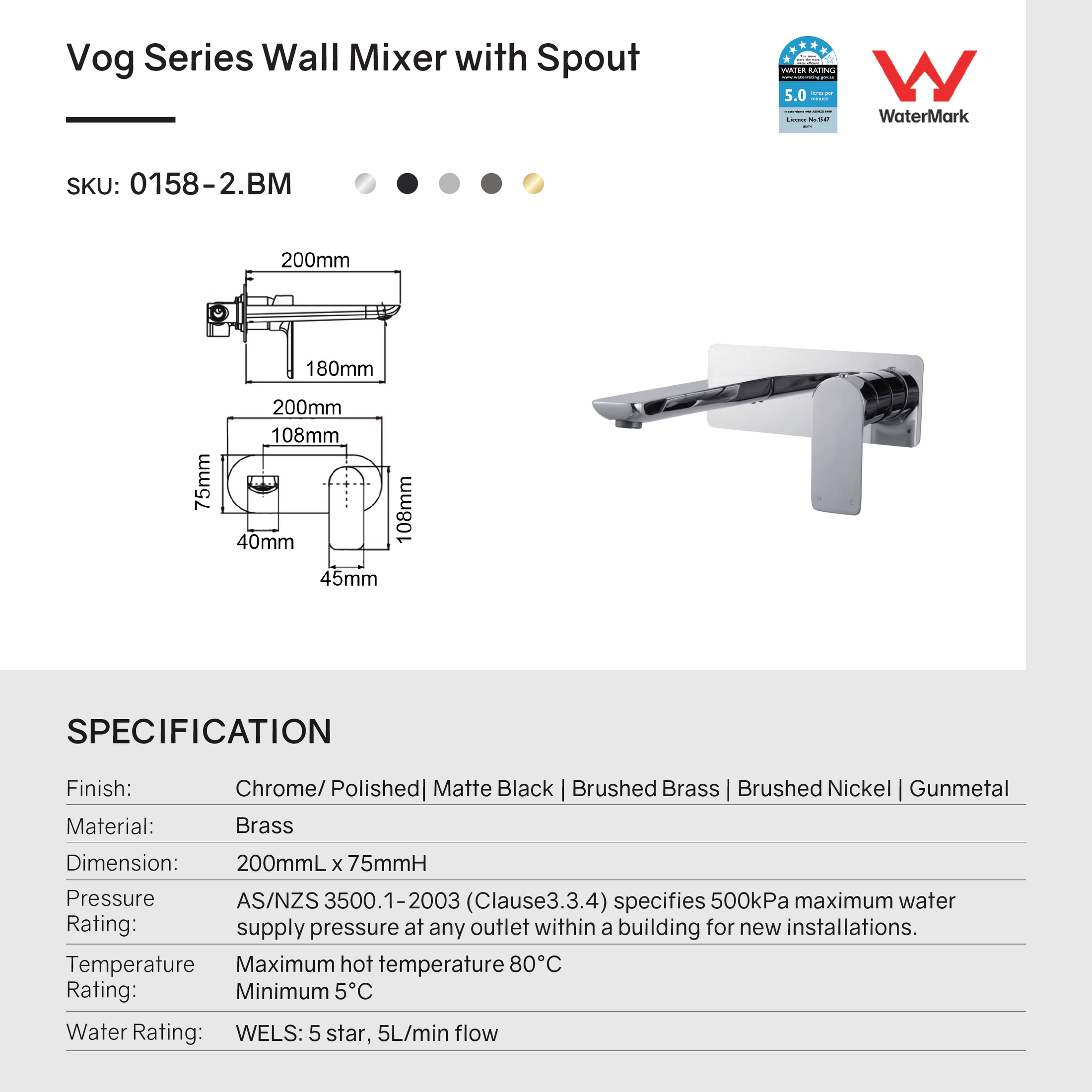 Solid Brass Spout Mixer - Gunmetal Grey- VOG