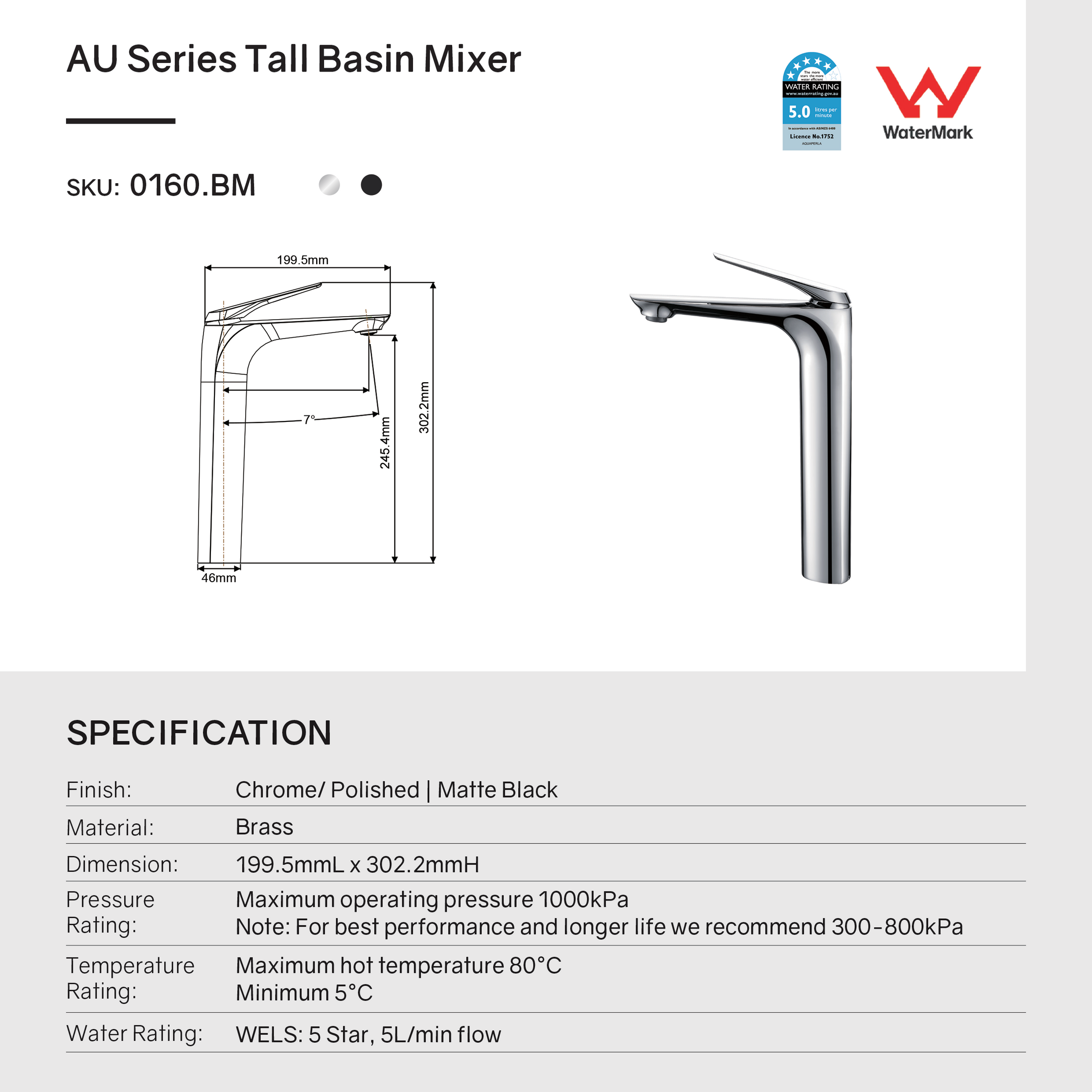 Solid Brass Tall Basin Mixer - Black -AU