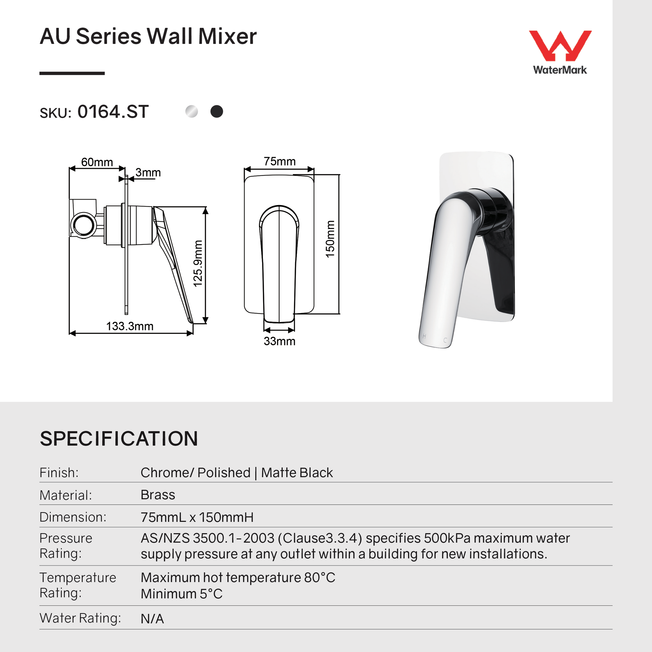 Solid Brass Wall Mixer - Chrome Silver - AU