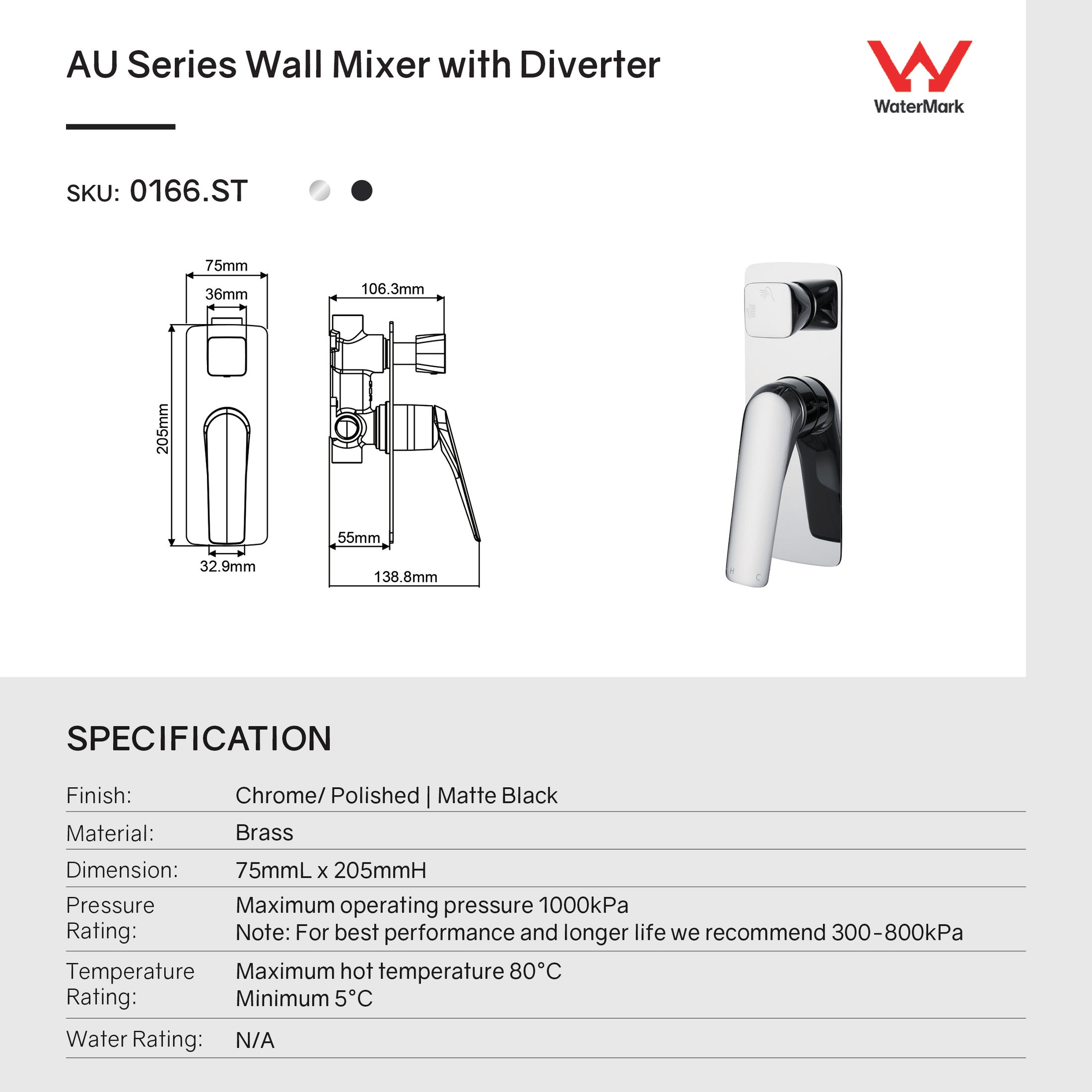 Solid Brass Diverter Mixer - Black - AU