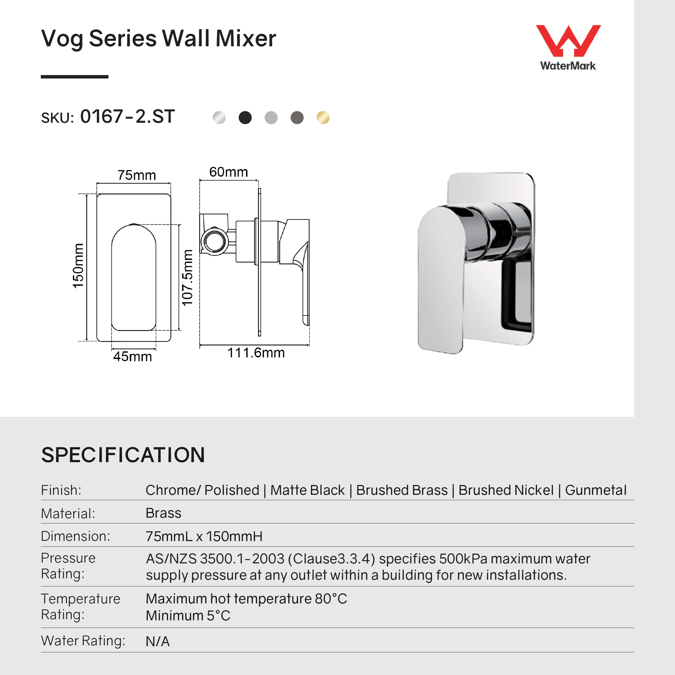Solid Brass Wall Mixer - Gunmetal Grey - VOG