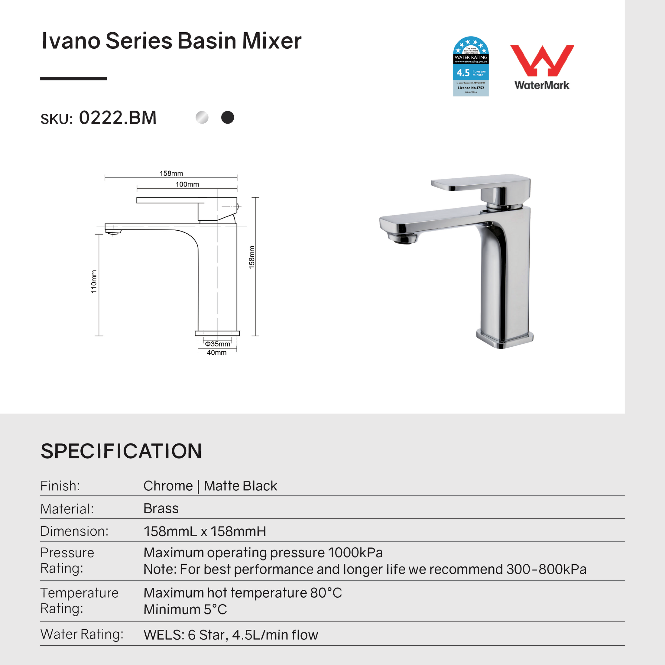 Solid Brass Short Basin Mixer - Chrome Silver - IVANO