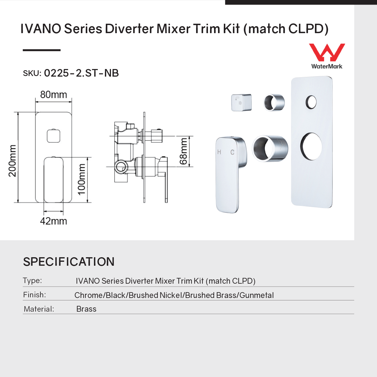 Solid Brass Wall Mixer Tap with Diverter Trim Kit (Match CLPD) - Gunmetal | IVANO