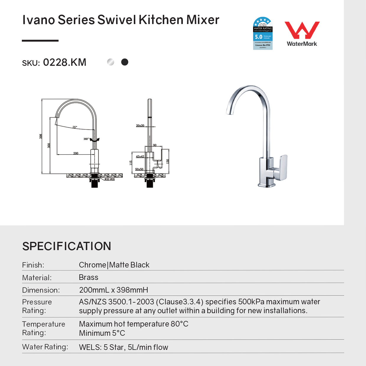 Solid Brass Standard Kitchen Mixer - Chrome Silver - IVANO