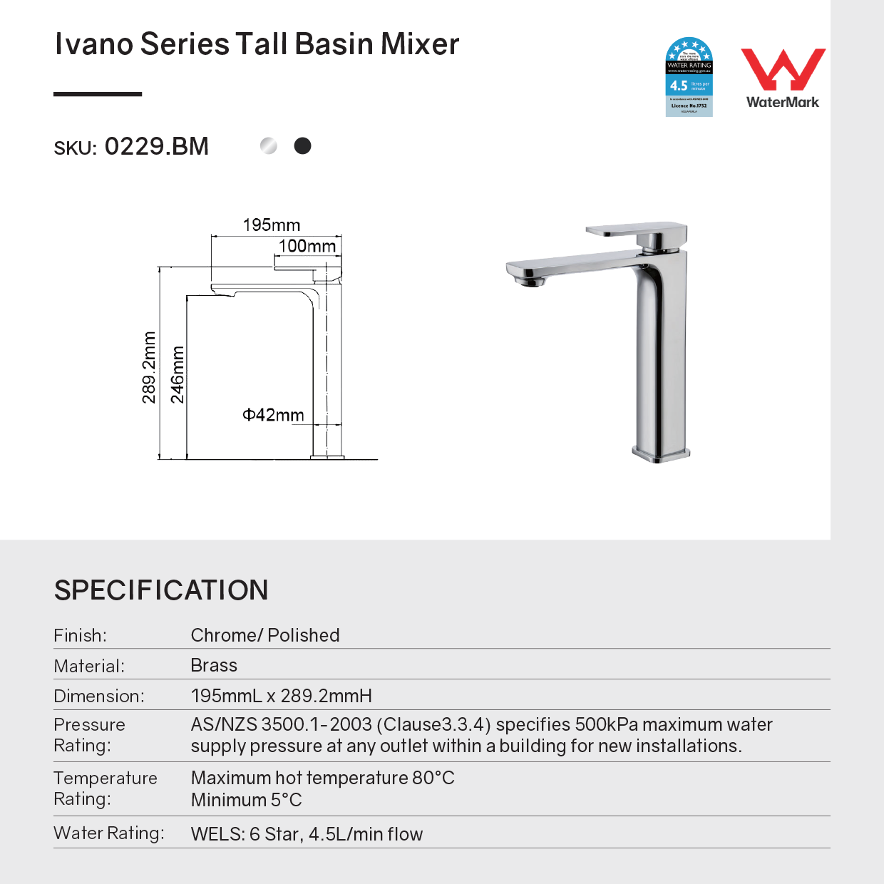 Solid Brass Tall Basin Mixer - Chrome Silver - IVANO