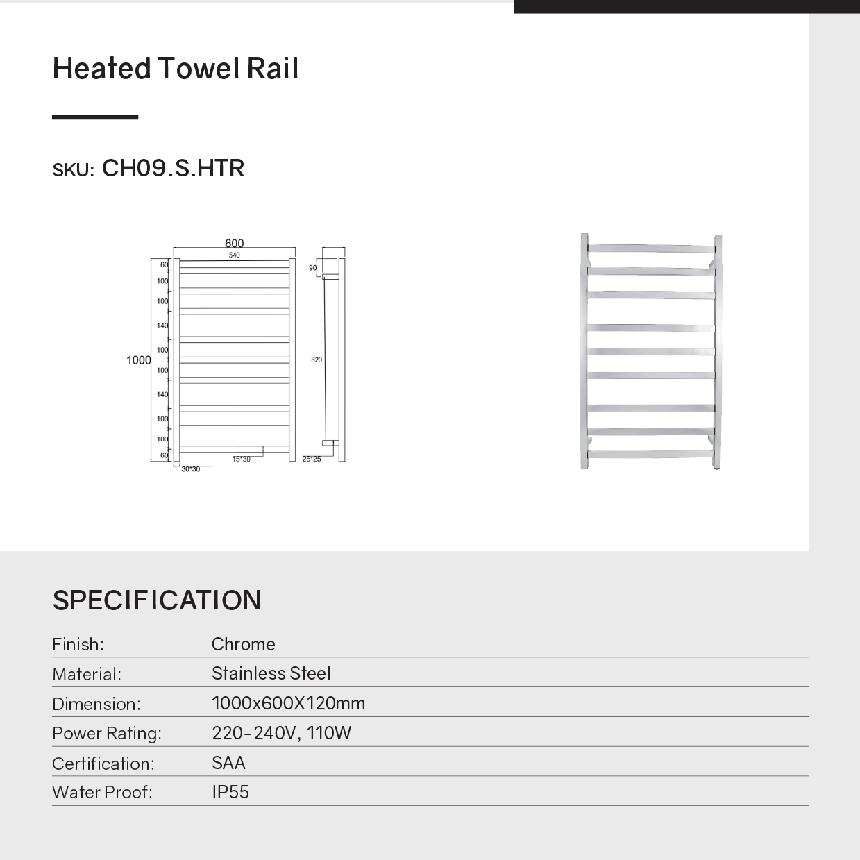 Stainless Steel Heated Towel Rack 9 Bars Square - Chrome Silver