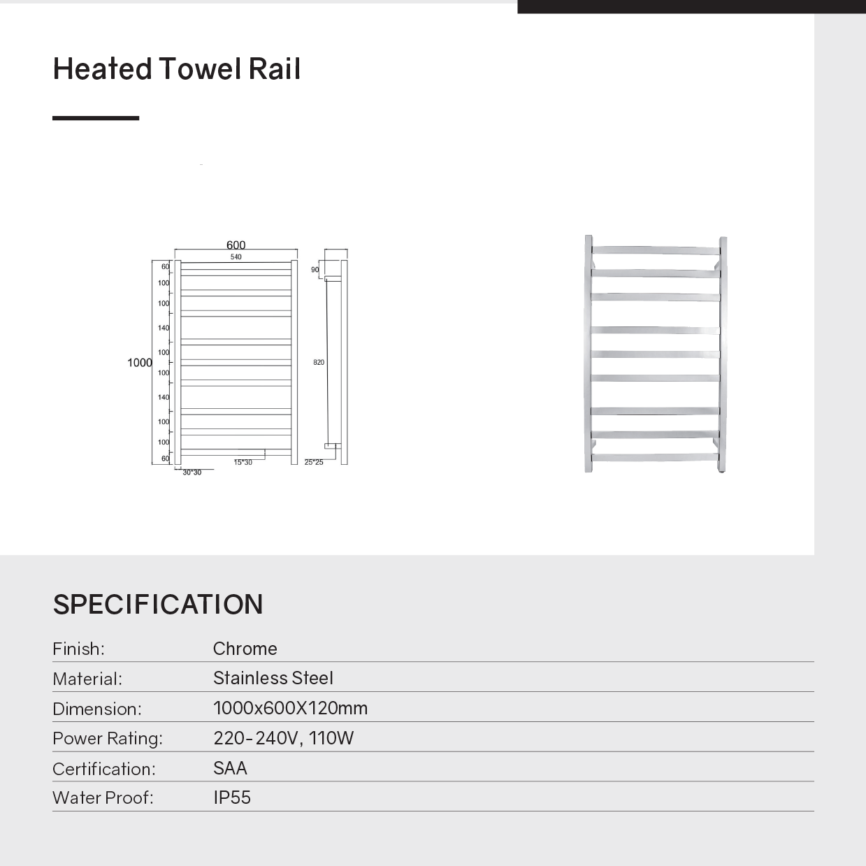 Stainless Steel Heated Towel Rack 9 Bars Round - Black