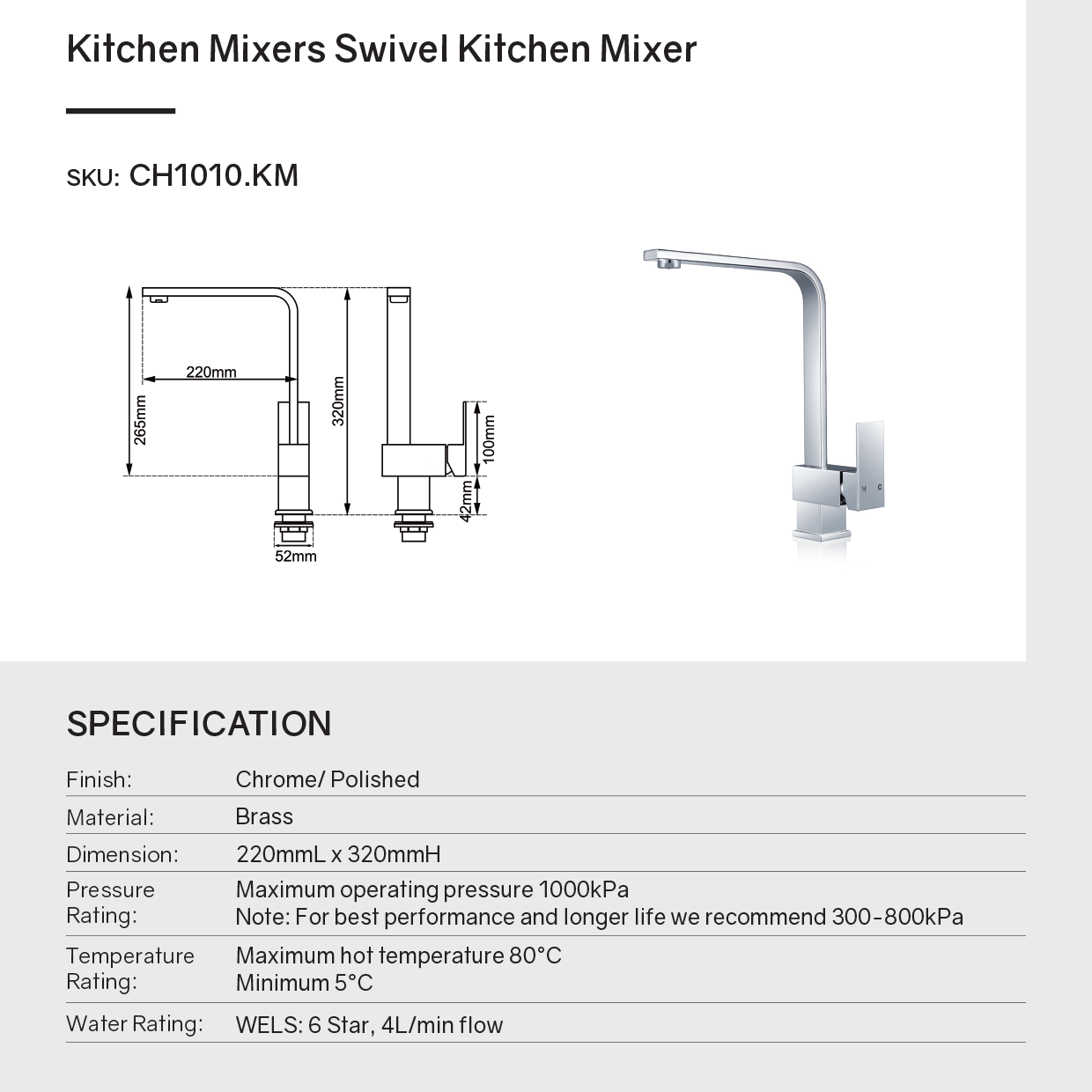 Solid Brass Standard Square Kitchen Mixer - Chrome Silver