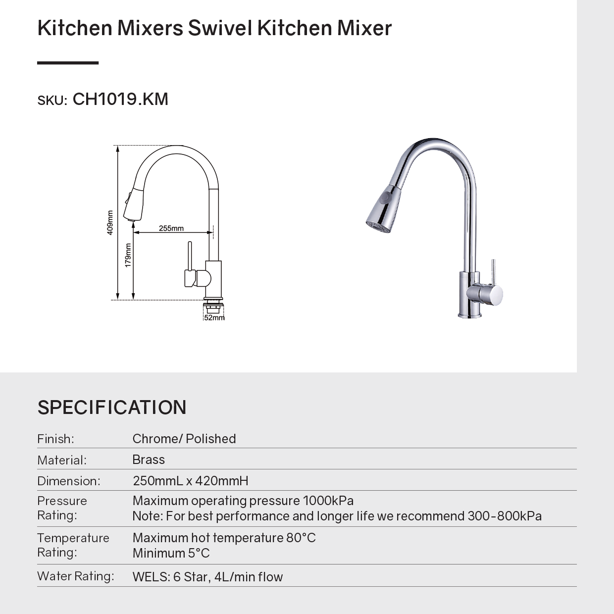 Solid Brass Pull Out 2 Water Flow Patterns Kitchen Mixer - Chrome Silver