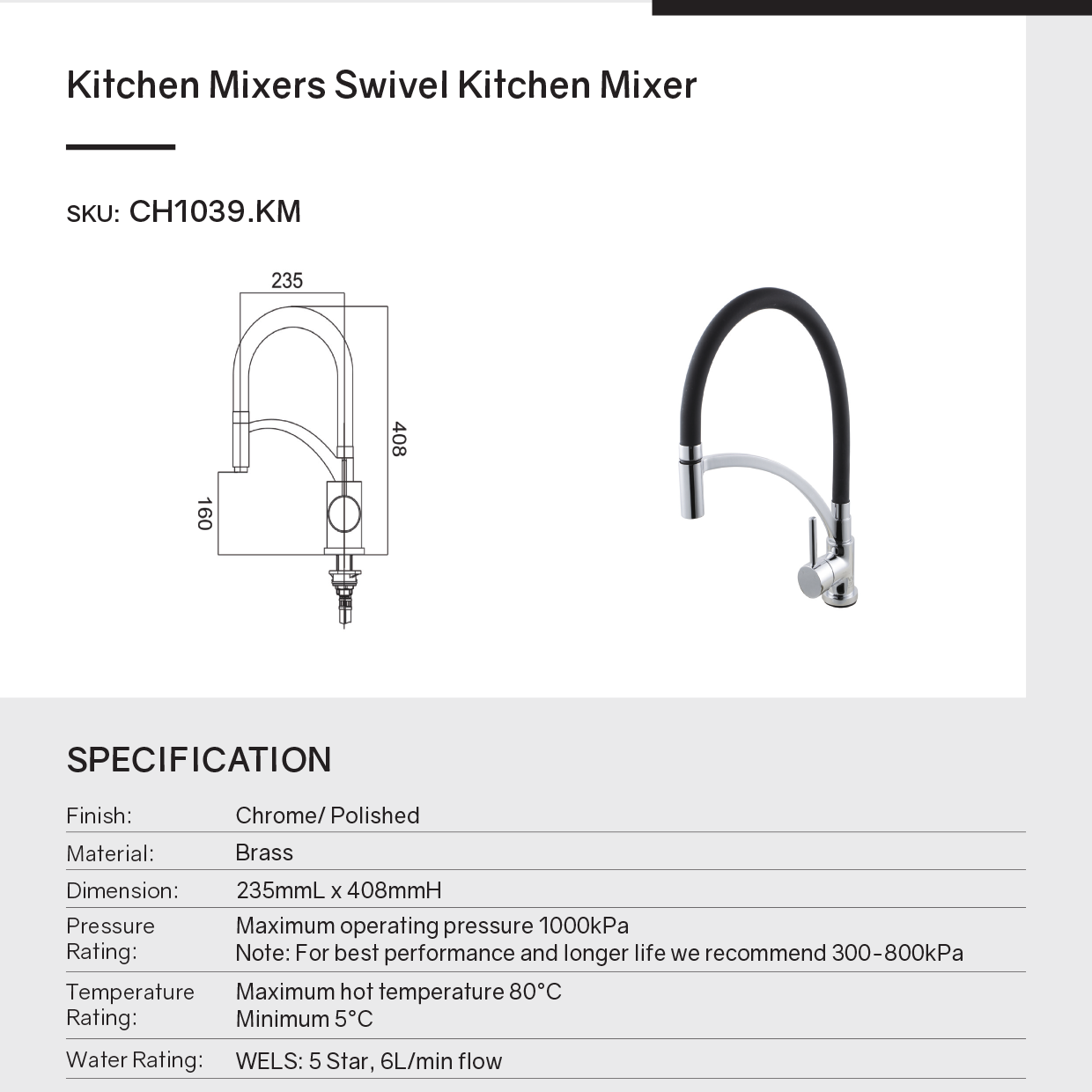 Solid Brass Pull Down Rubber Kitchen Mixer 360-Degree Swivel Spout - Chrome Silver