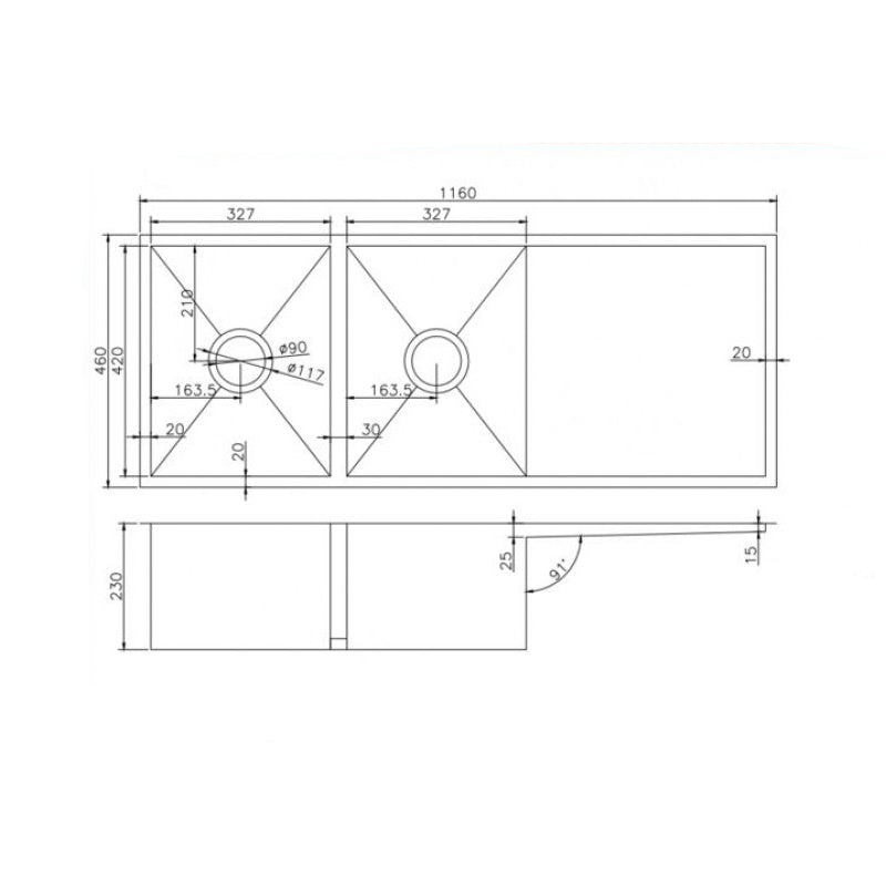 Stainless Steel Handmade Double Bowl Kitchen Sink with Drain Board 1160*460*230mm- Chrome Silver