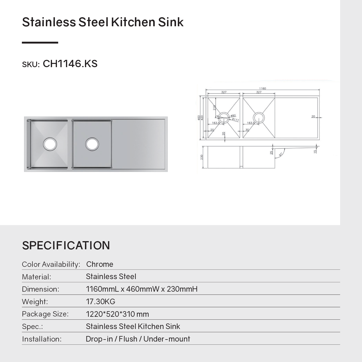 Stainless Steel Handmade Double Bowl Kitchen Sink with Drain Board 1160*460*230mm- Chrome Silver