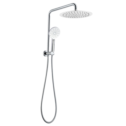 Chrome round twin shower rail with rain shower and hand shower