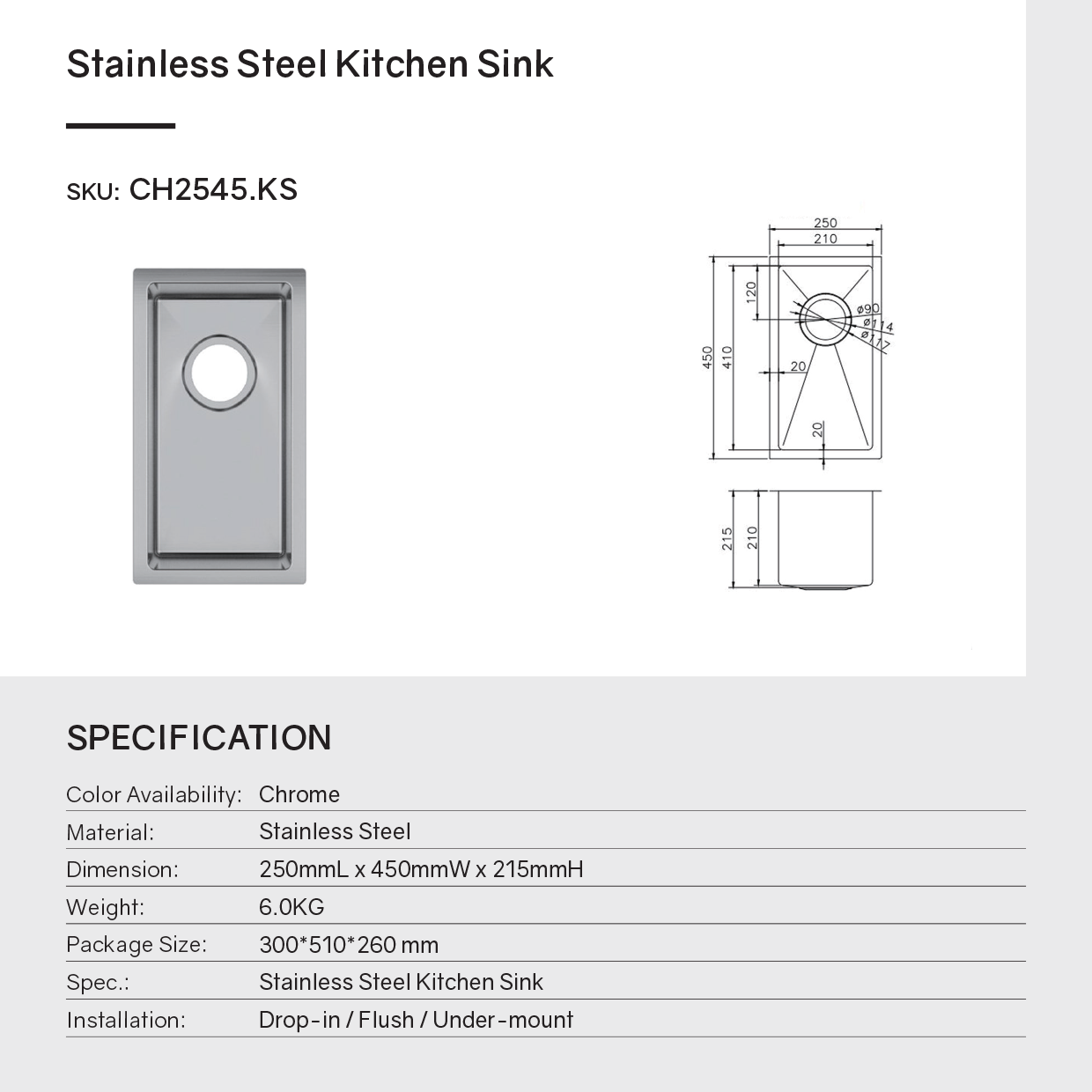 Stainless Steel Single Bowl Kitchen Sink 250 x 450mm - Chrome Silver