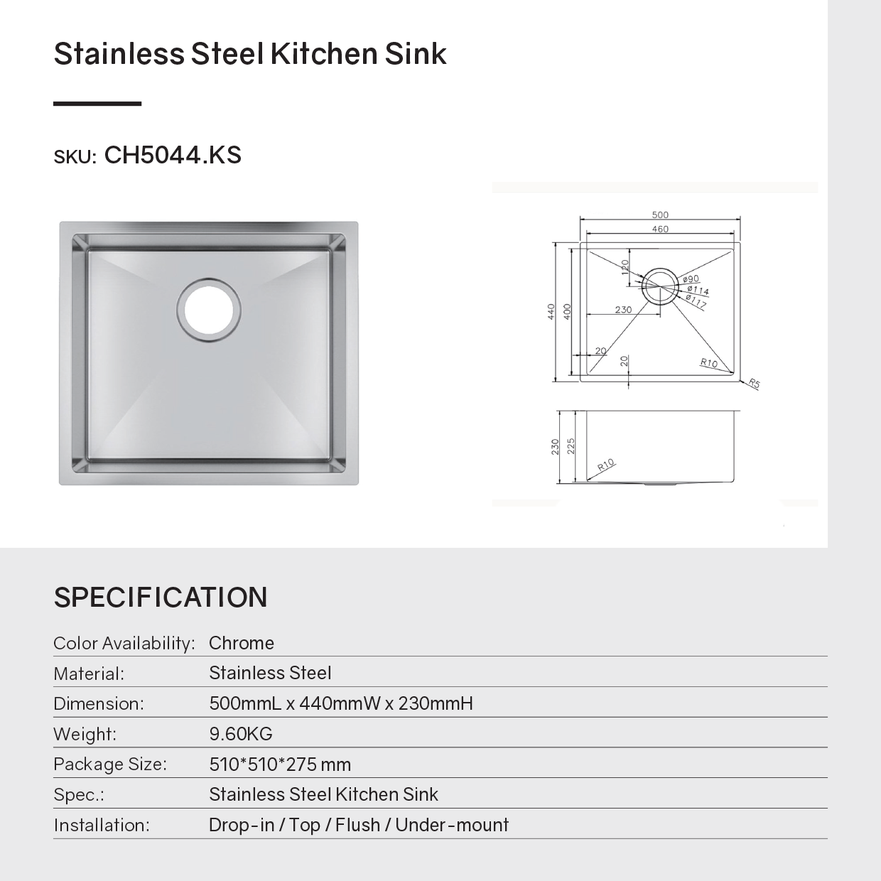 Stainless Steel Single Bowl Kitchen Sink 500 × 440mm - Chrome Silver