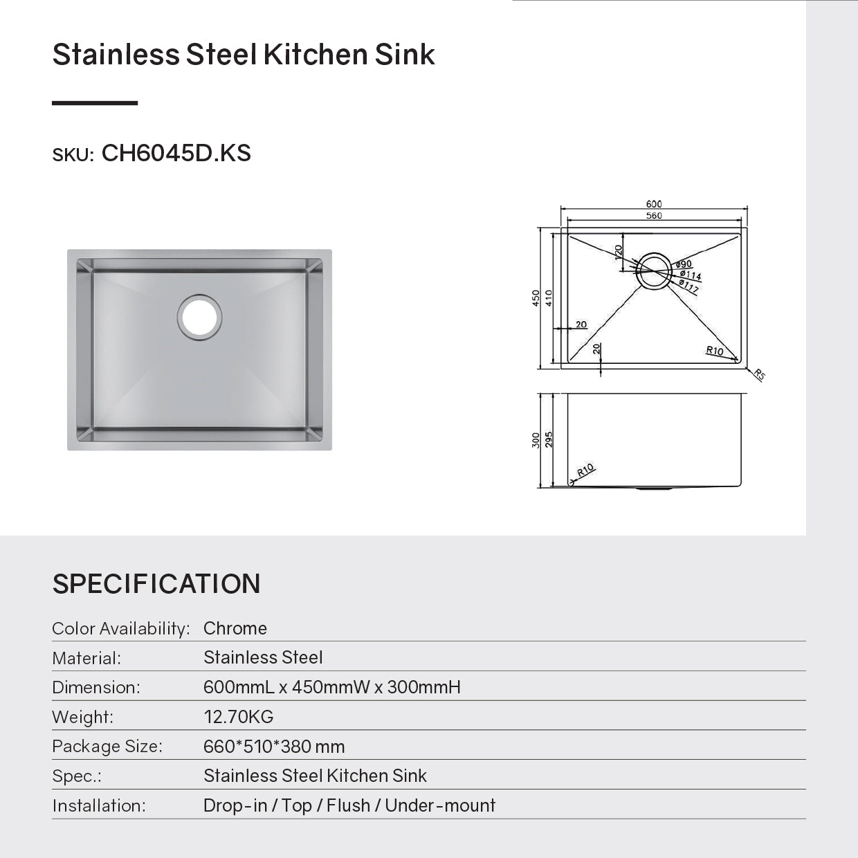 Stainless Steel Round Corner Handmade Single Bowl Kitchen Sink 600x450x300mm- Chrome Silver