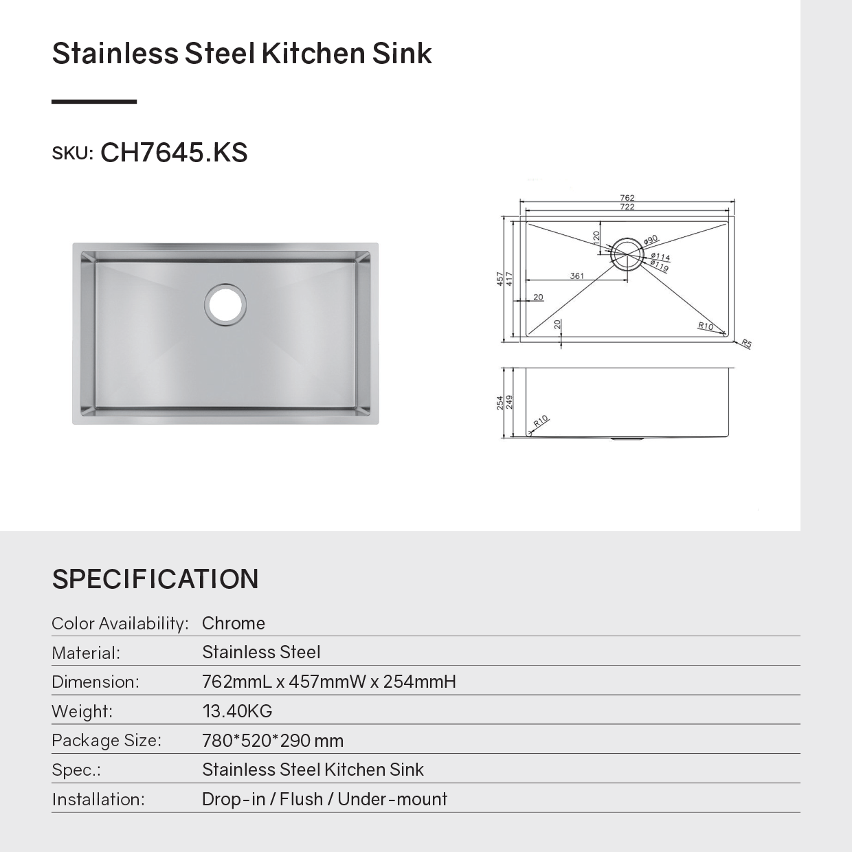 Stainless Steel Handmade Single Bowl Kitchen Sink 762*457*254mm- Chrome Silver